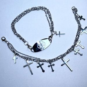 Artisan Handmade Stainless Steel Medical Alert & Cross Charms 2 Bracelet Set